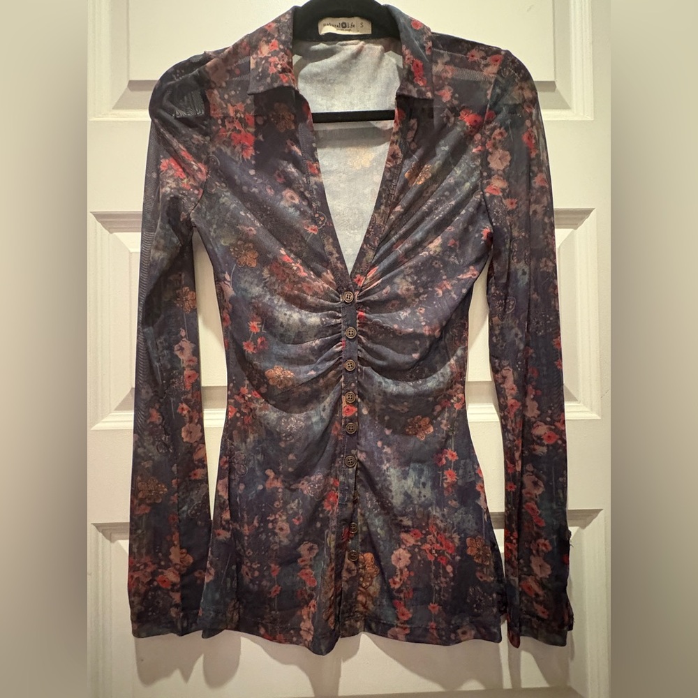Floral Ruched Mesh Collared Button Up - image 1